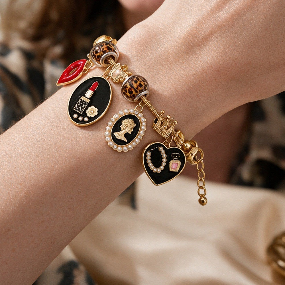 Chic Lipstick and Heart Charm Bracelet