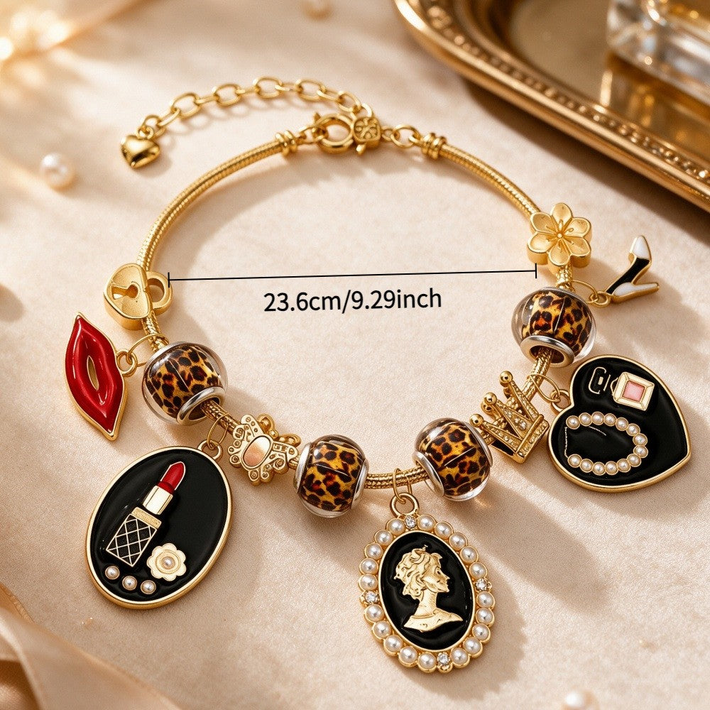 Chic Lipstick and Heart Charm Bracelet