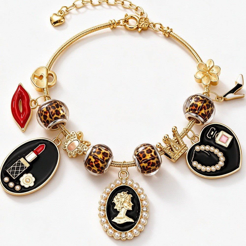 Chic Lipstick and Heart Charm Bracelet