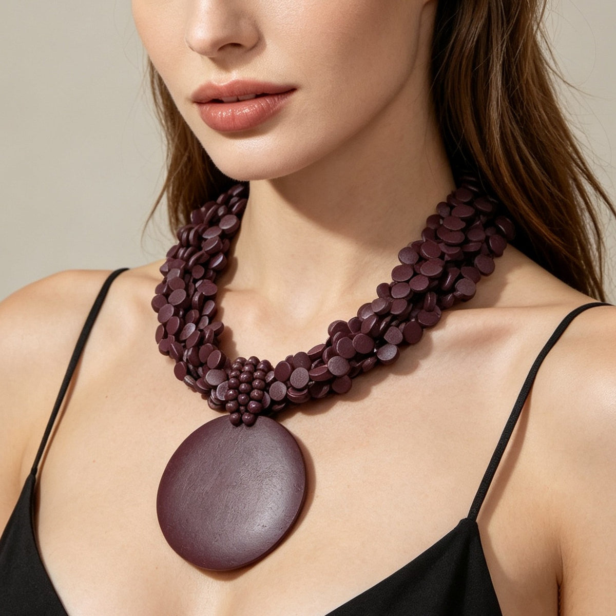 Classy Burgundy Wood Disc Collar Necklace