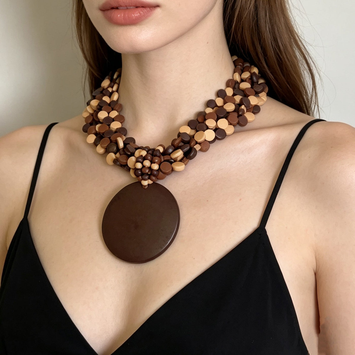 Classy Burgundy Wood Disc Collar Necklace