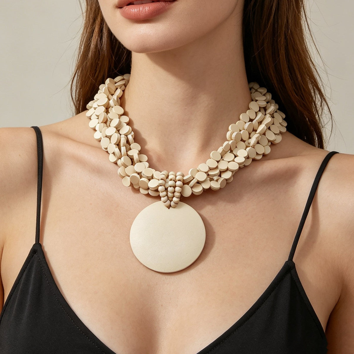 Classy Burgundy Wood Disc Collar Necklace