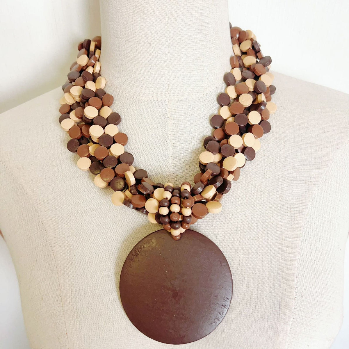Classy Burgundy Wood Disc Collar Necklace