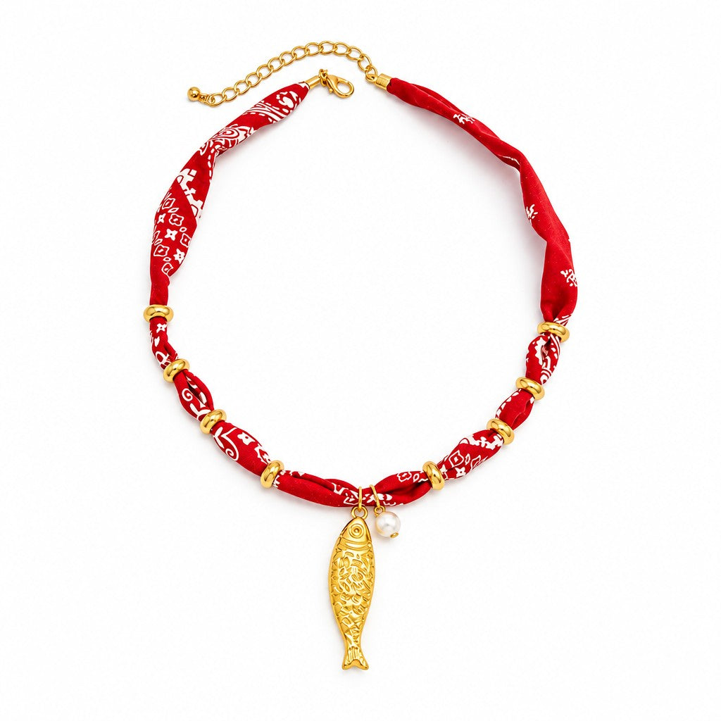 Boho Red Printed Fabric Fish Necklace