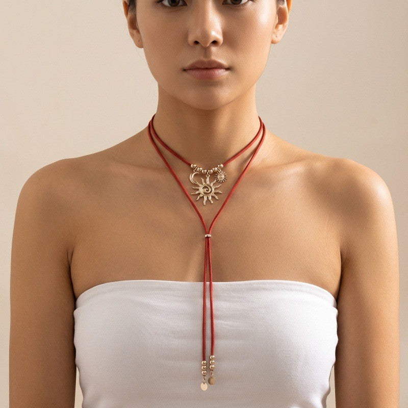 Boho Sun Charm Cord Lariat Necklace