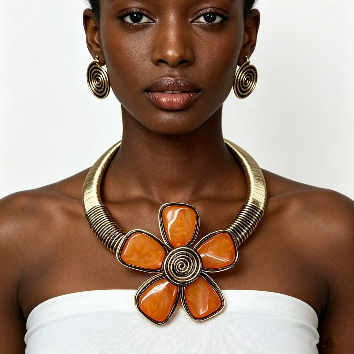 Boho Amber Resin Flower Collar Necklace & Earring Set