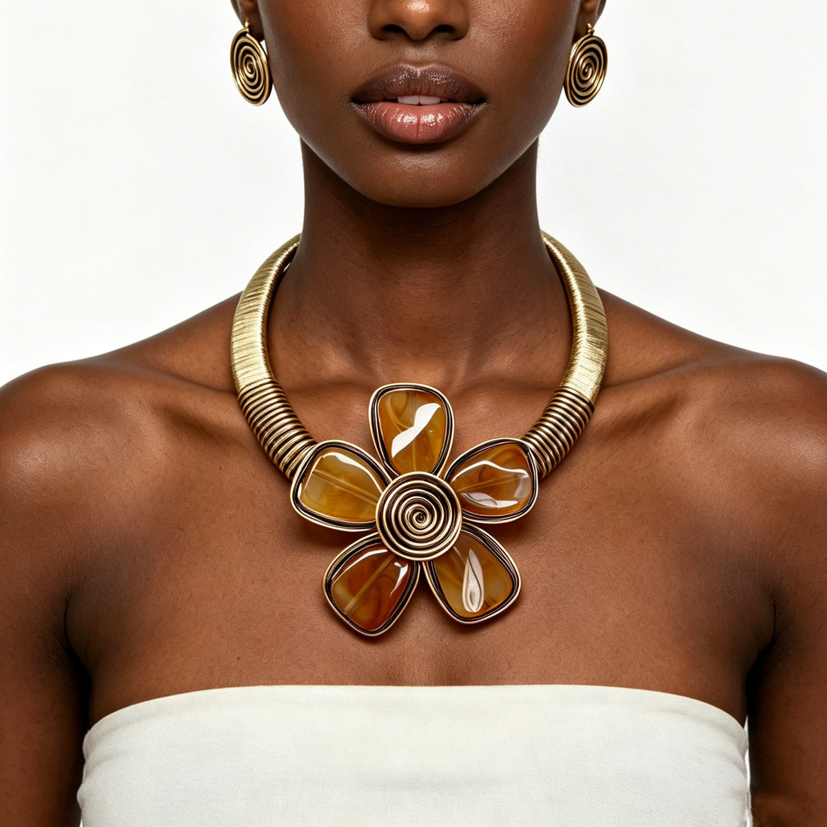 Boho Amber Resin Flower Collar Necklace & Earring Set