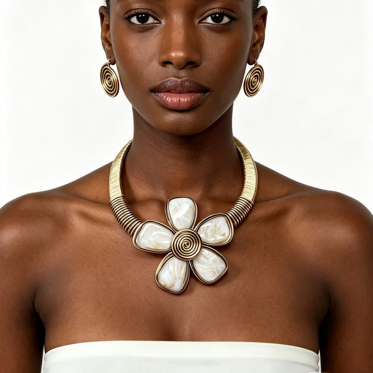 Boho Amber Resin Flower Collar Necklace & Earring Set