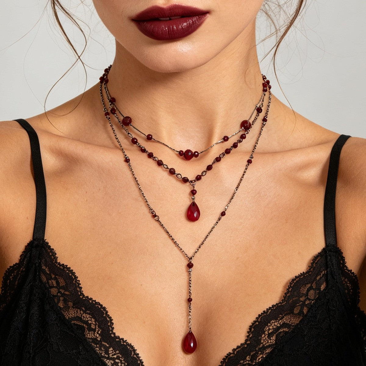 3pc Gothic Red Teardrop Layered Necklace Set