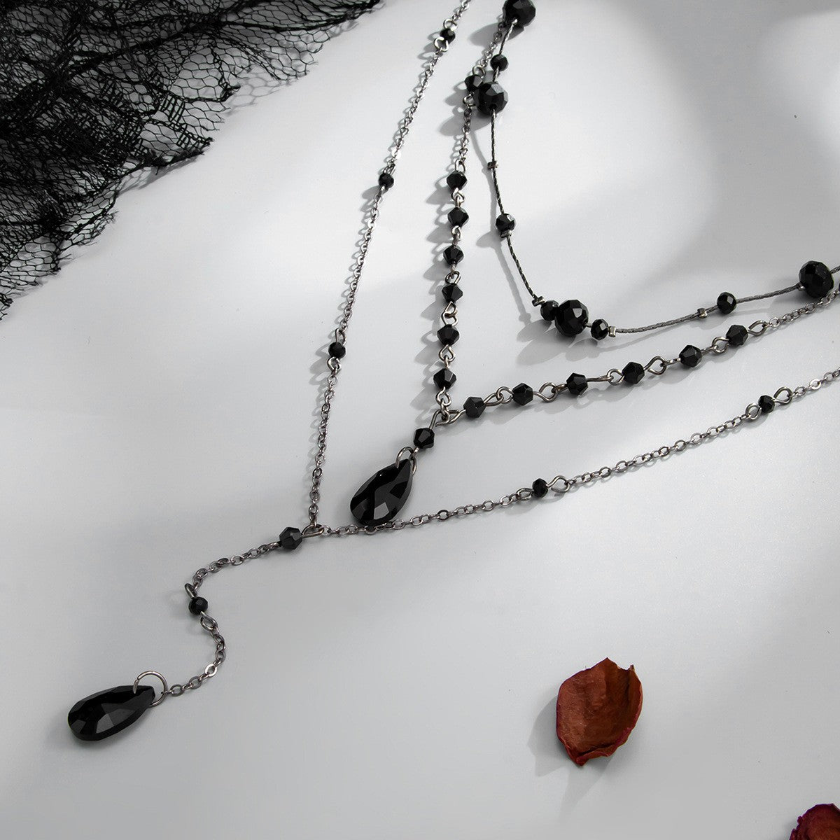 3pc Gothic Red Teardrop Layered Necklace Set