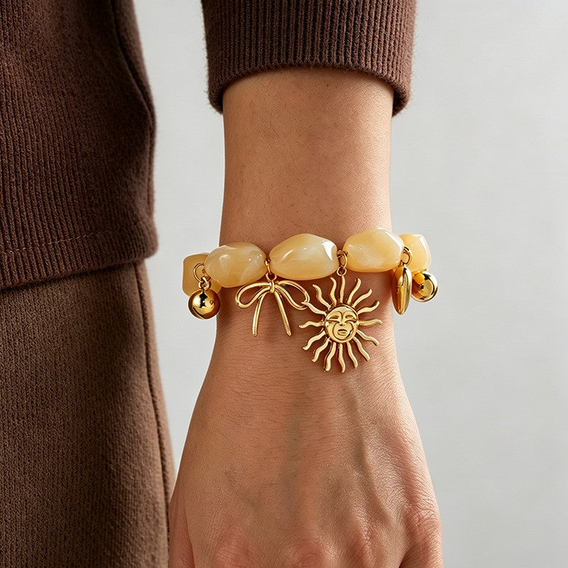 Boho Amber Beaded Sun Charm Bracelet