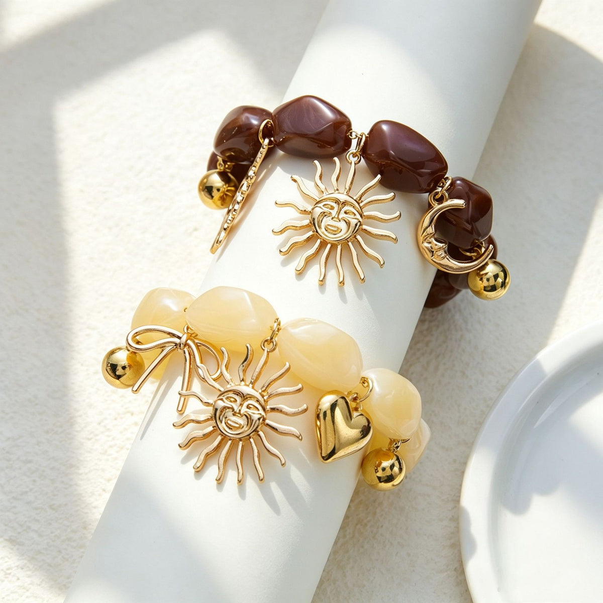 Boho Amber Beaded Sun Charm Bracelet