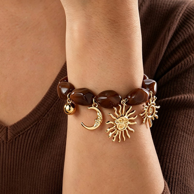 Boho Amber Beaded Sun Charm Bracelet
