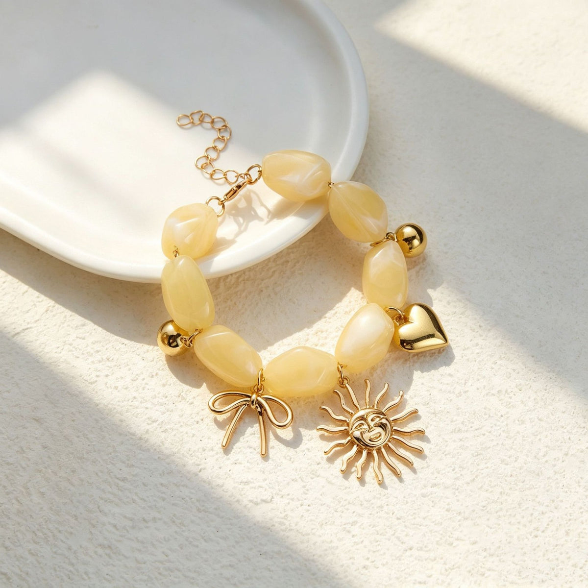 Boho Amber Beaded Sun Charm Bracelet