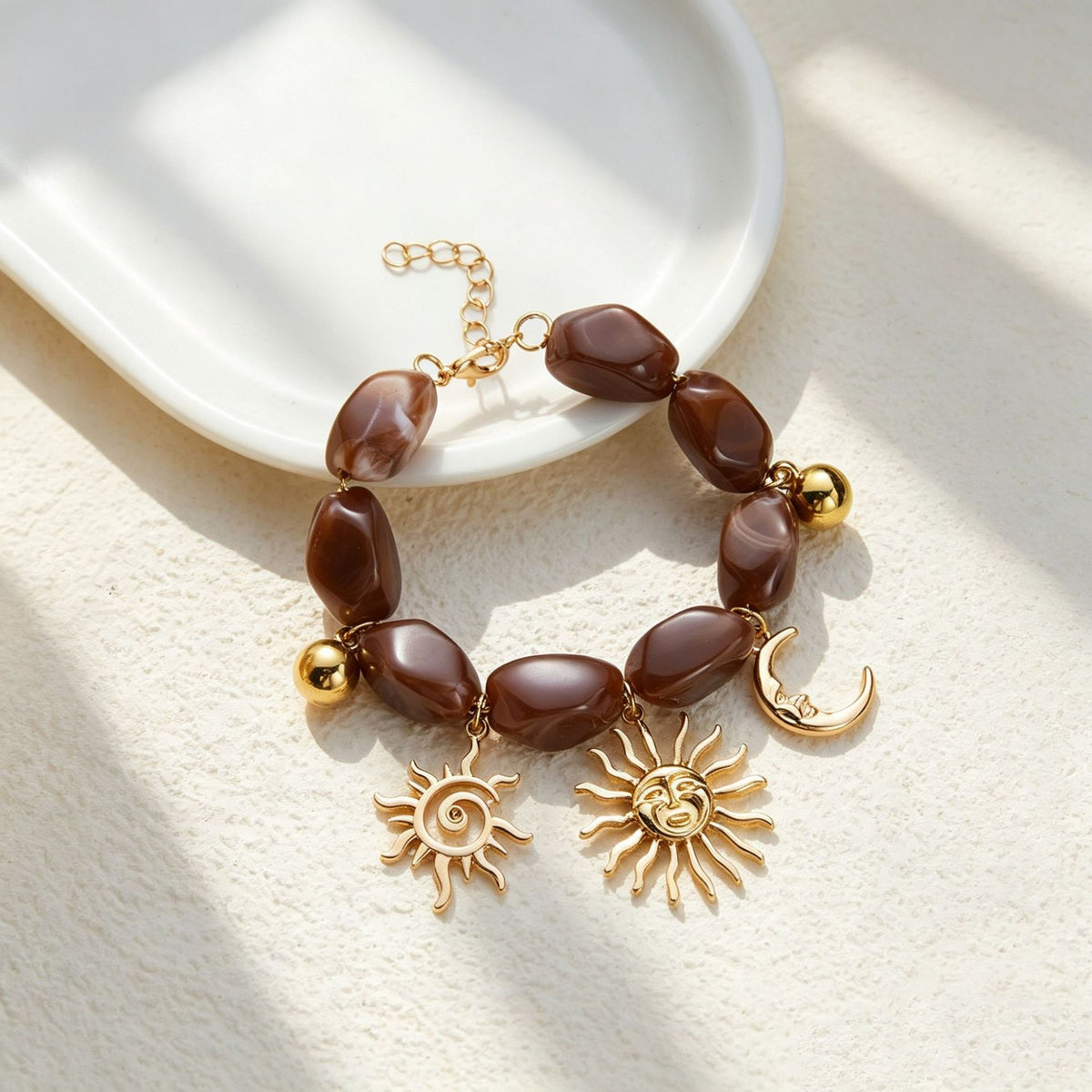 Boho Amber Beaded Sun Charm Bracelet