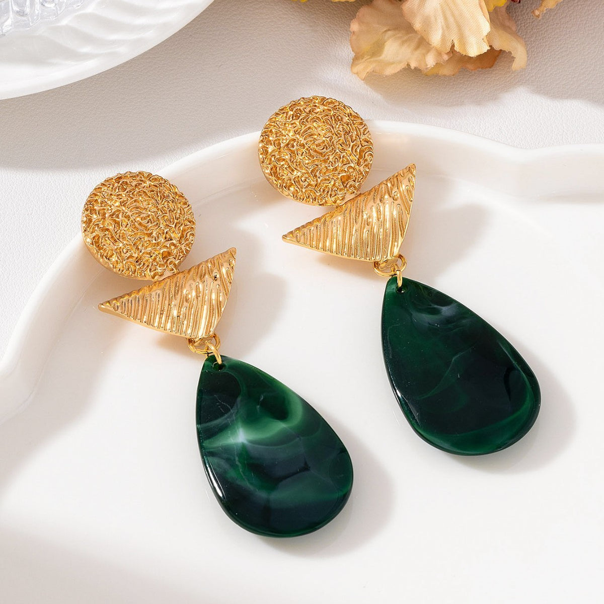 Classy Green Malachite Geometric Dangle Earrings