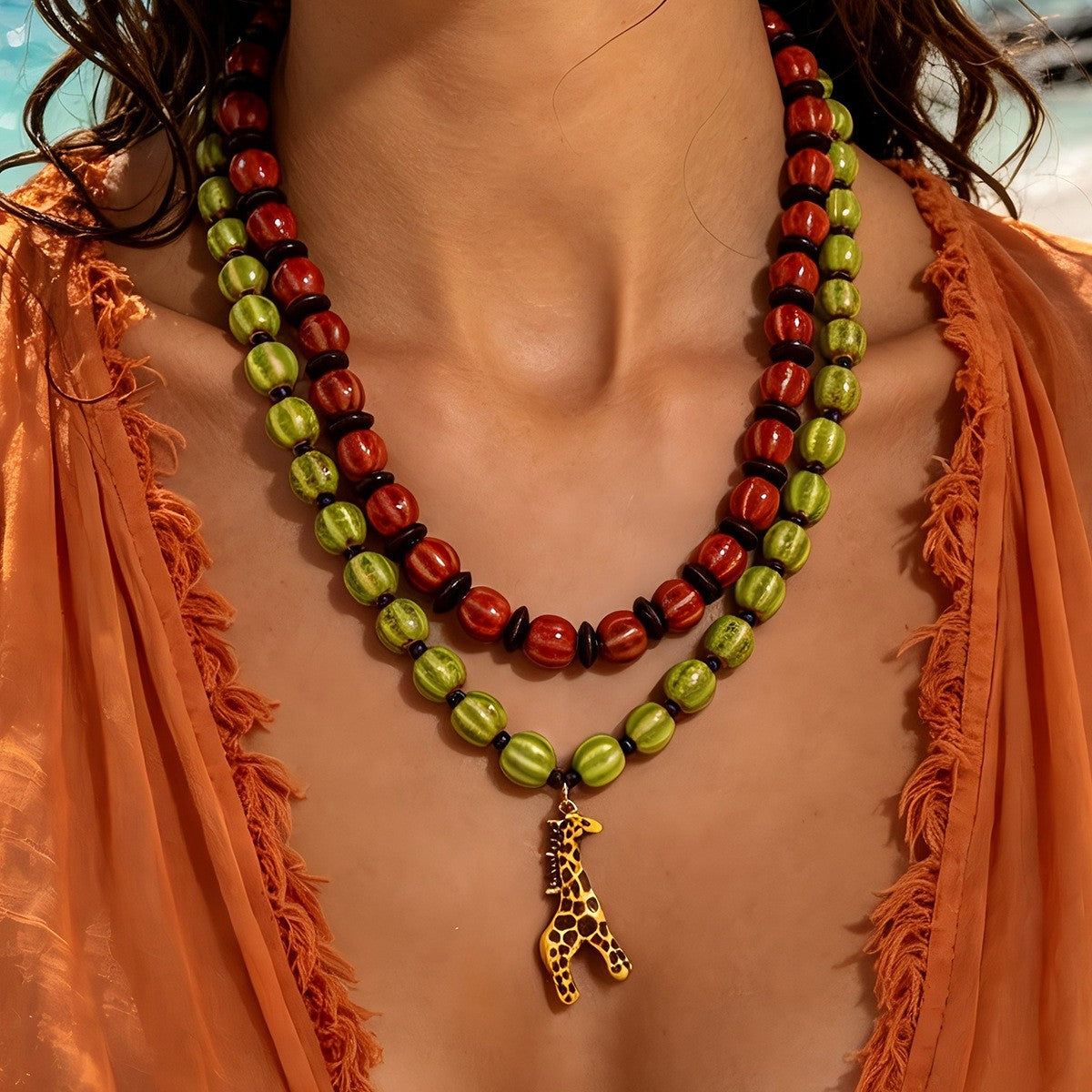 Boho Layered Watermelon Ceramic Giraffe Necklace