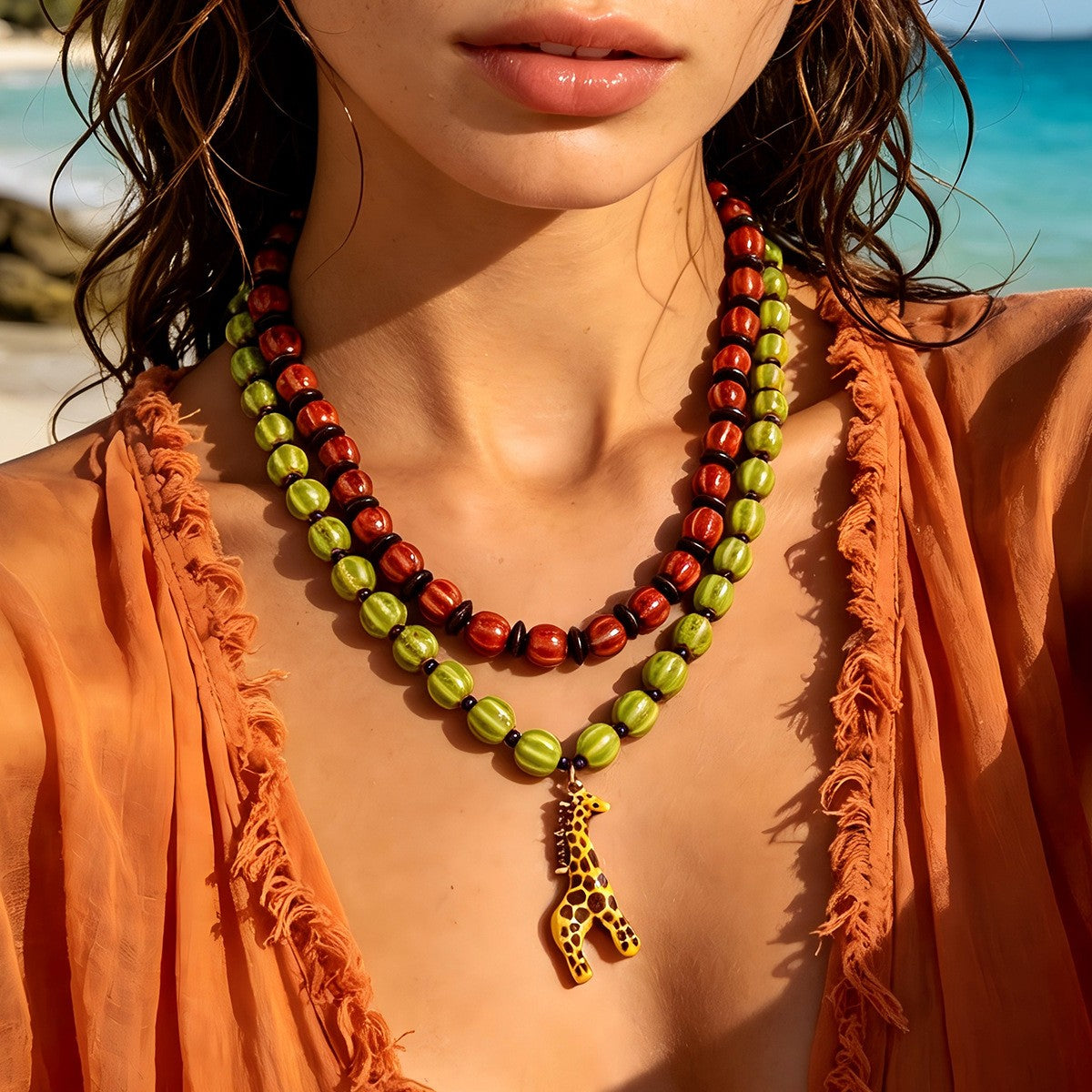 Boho Layered Watermelon Ceramic Giraffe Necklace