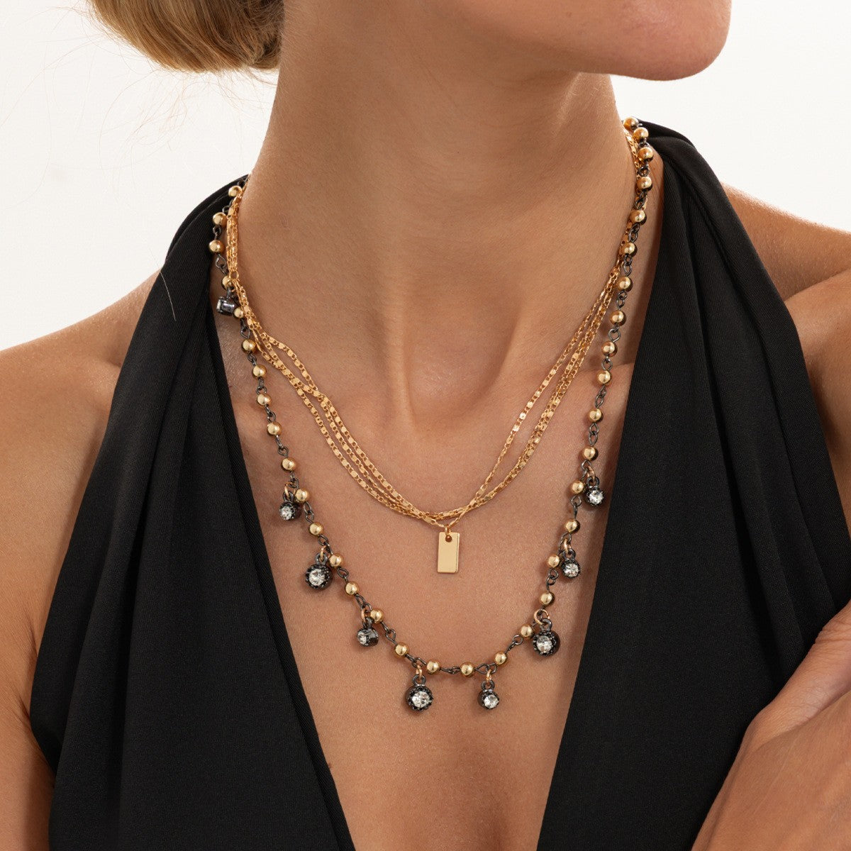 Classy Square Tag & Zircon Fringe Multi-Layer Necklace