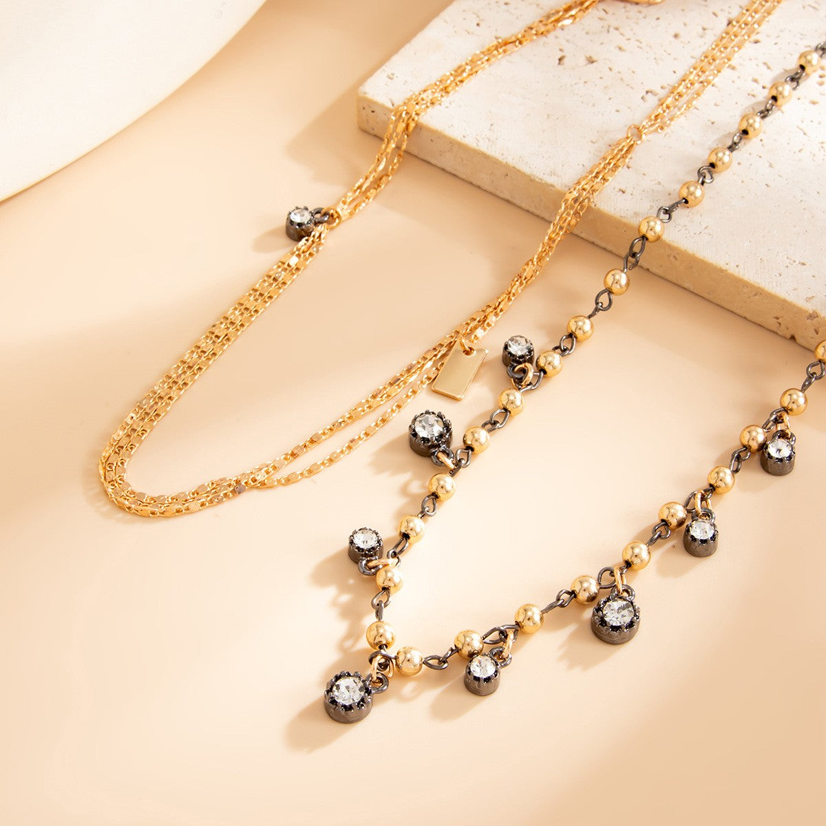 Classy Square Tag & Zircon Fringe Multi-Layer Necklace