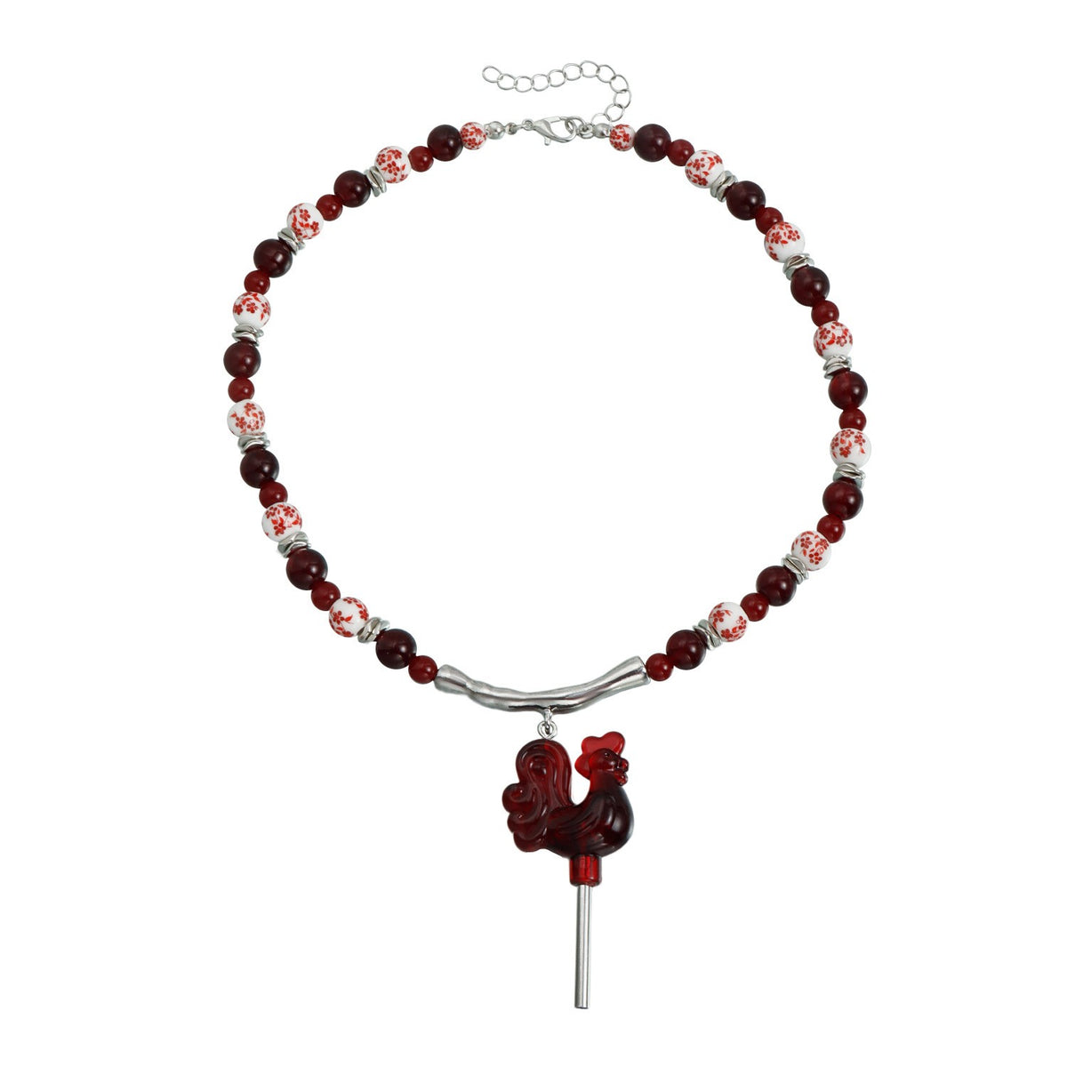 Boho Red Rooster Beaded Collar Necklace