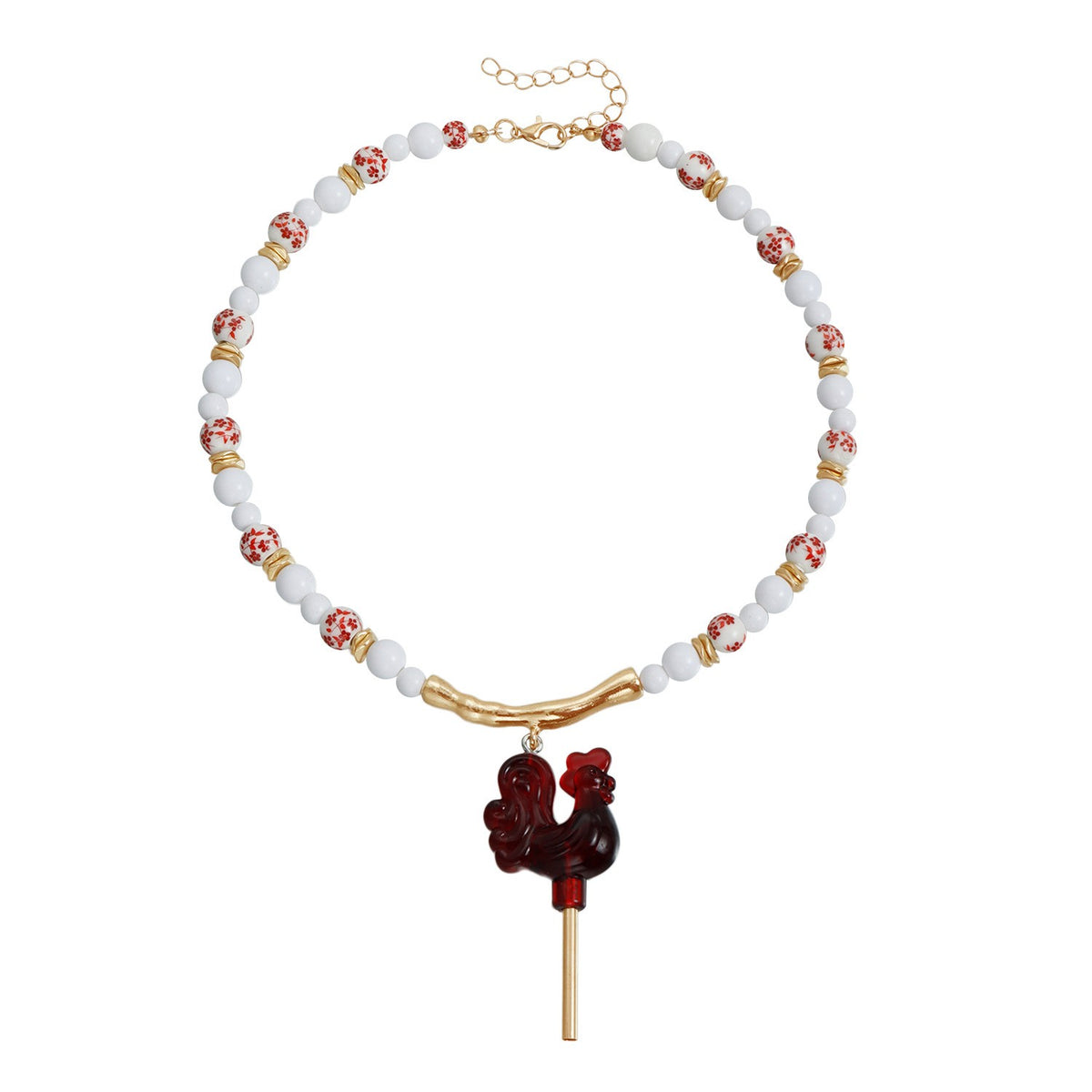 Boho Red Rooster Beaded Collar Necklace