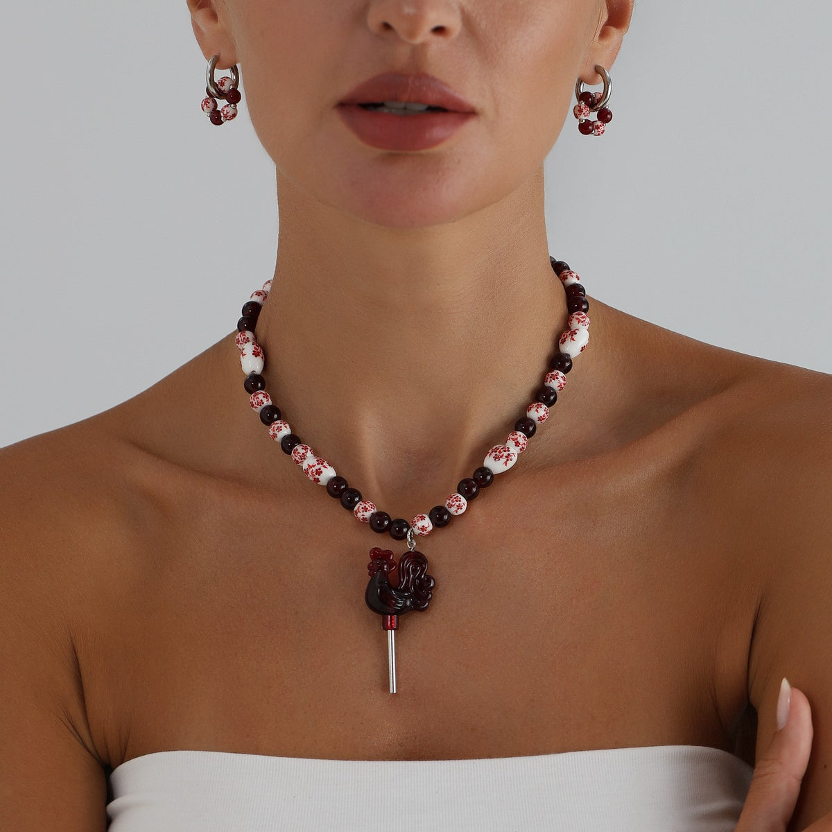 Classy Red Rooster Beaded Necklace