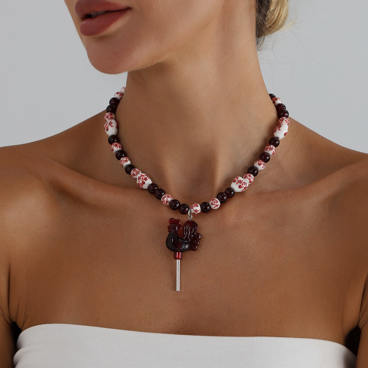 Classy Red Rooster Beaded Necklace