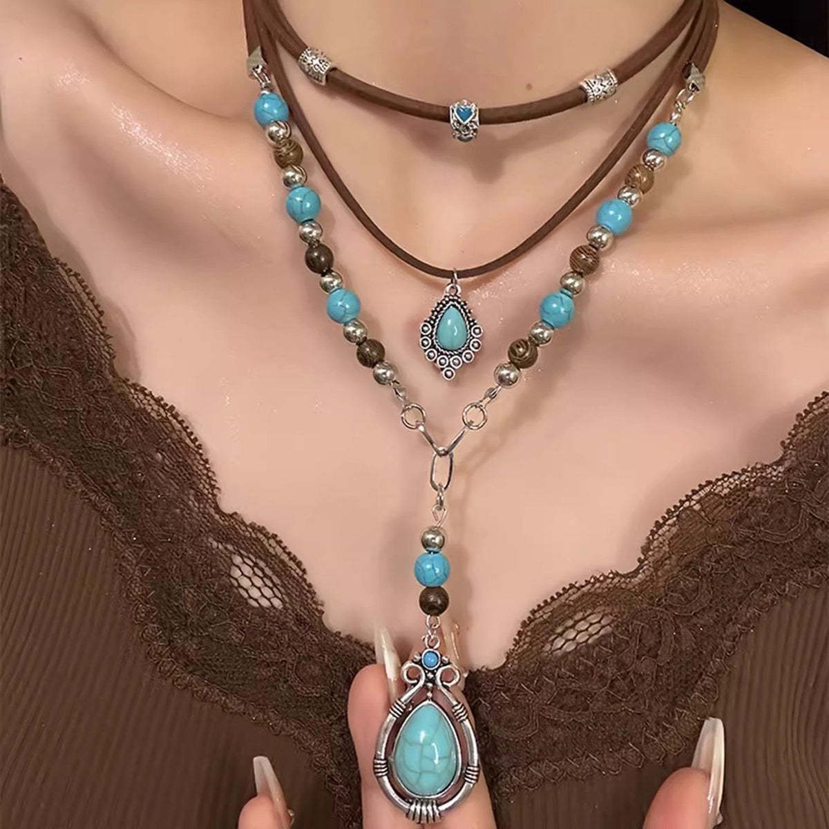 Boho Vintage Turquoise Y-Necklace Set