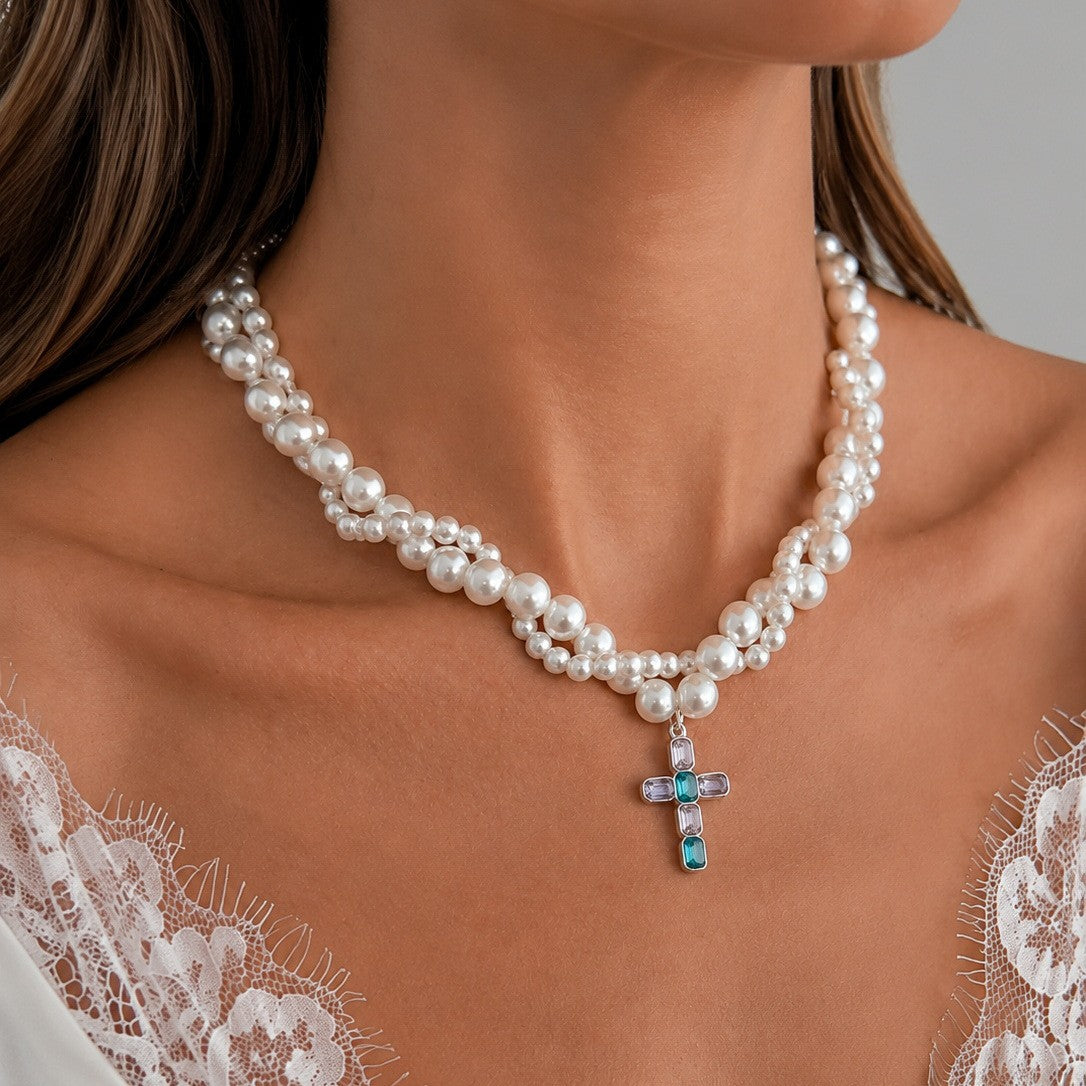 Elegant Layered Faux Pearl Geometric Cross Necklace