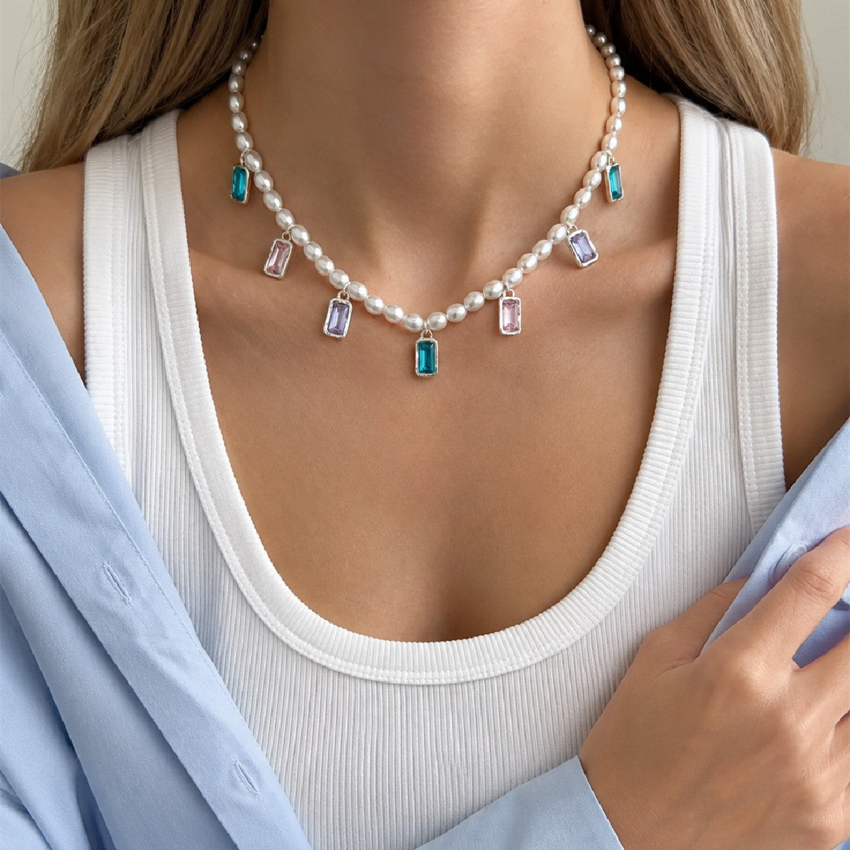 Elegant Layered Faux Pearl Geometric Cross Necklace