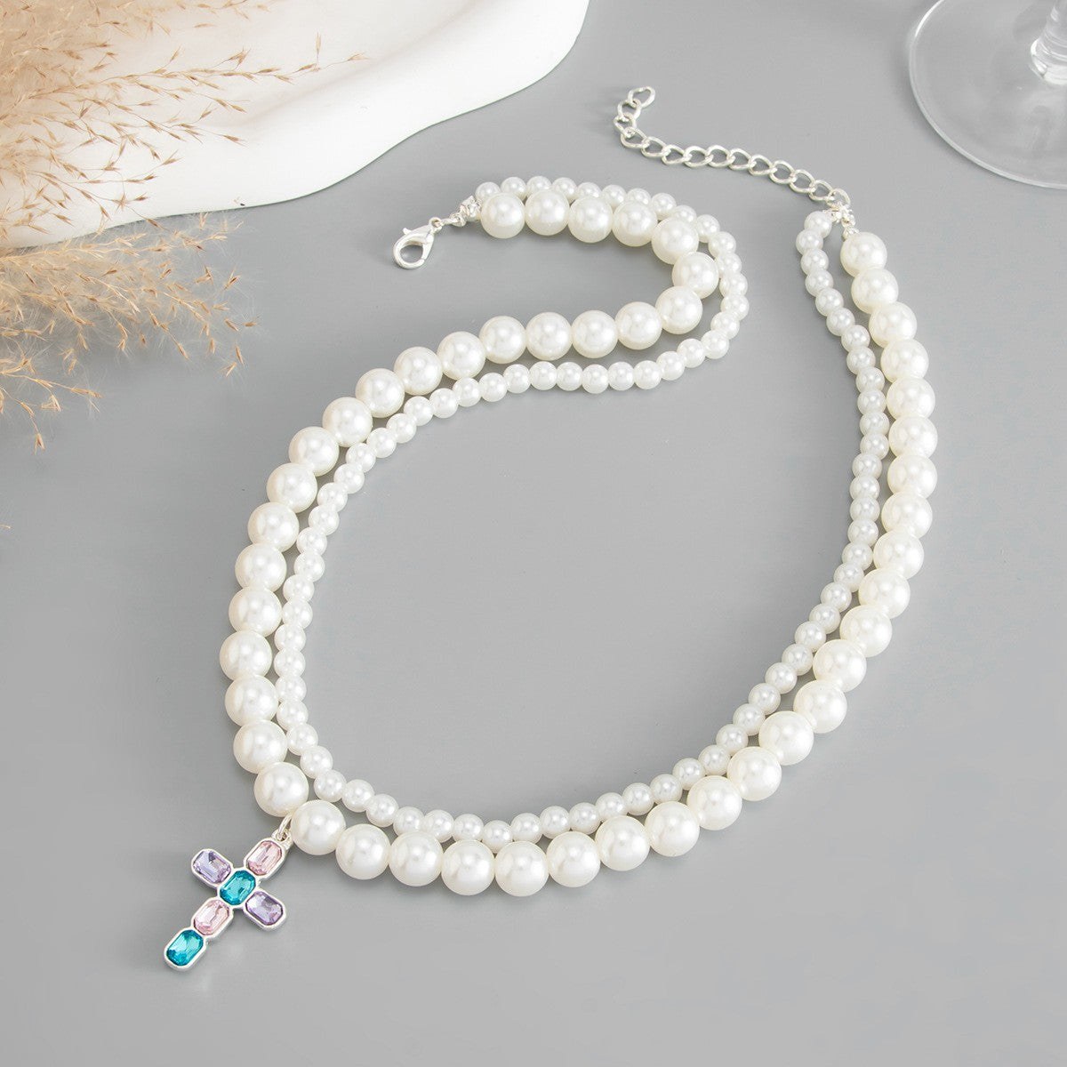 Elegant Layered Faux Pearl Geometric Cross Necklace
