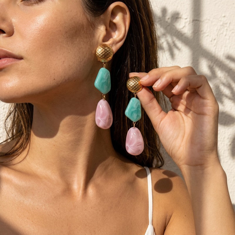 Boho Marbled Teal And Pink Resin Drop Earrings