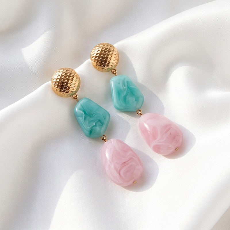 Boho Marbled Teal And Pink Resin Drop Earrings