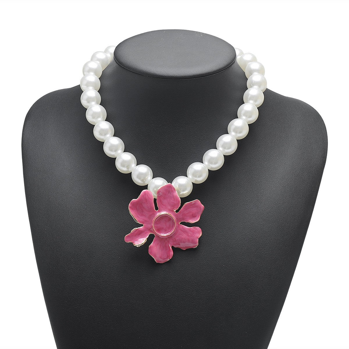 Romantic Green Enamel Flower Faux Pearl Necklace