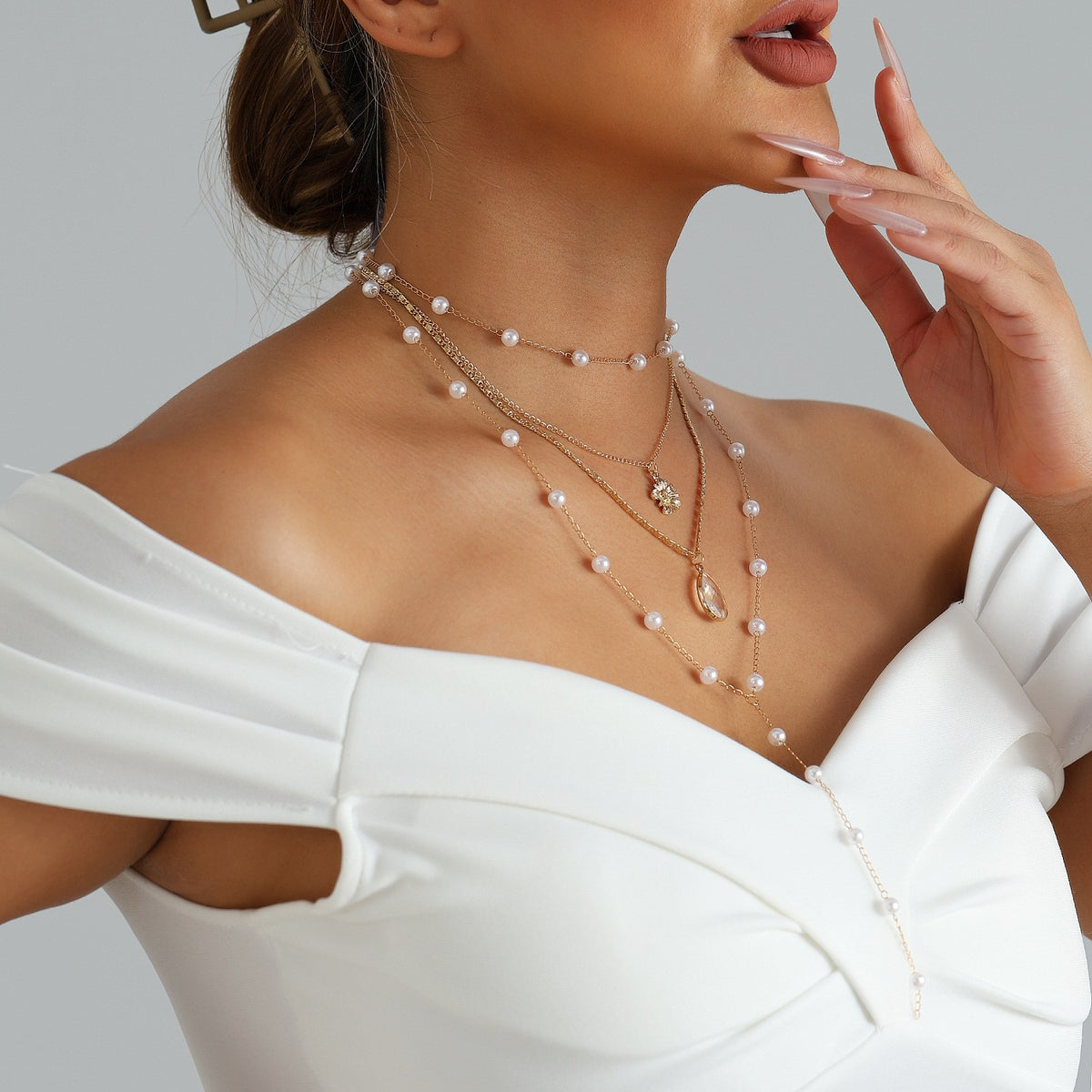 Classy Layered Faux Pearl Teardrop Y-Necklace