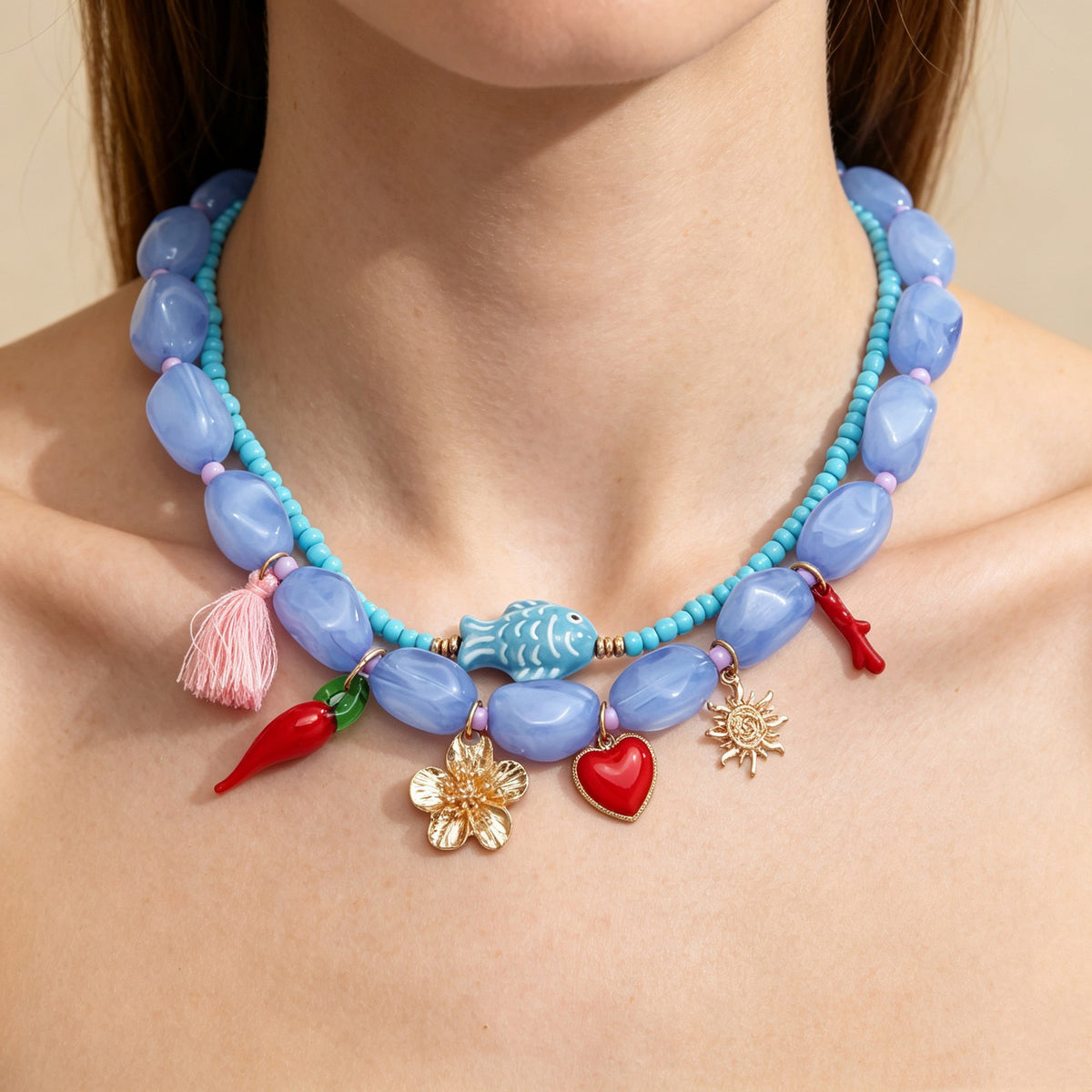 Boho Resin Bead Charm Necklace
