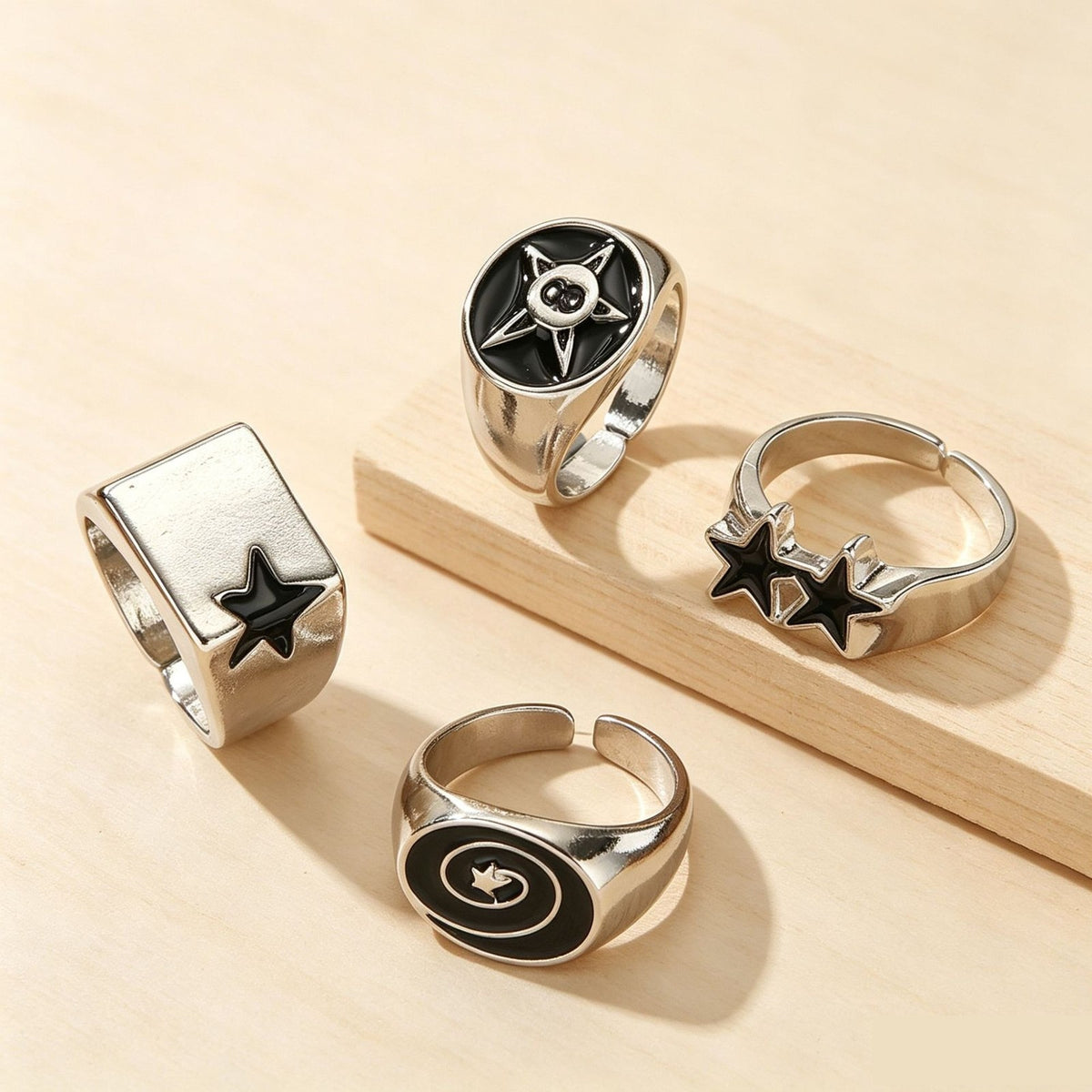 Vintage Black Enamel Star Ring Set