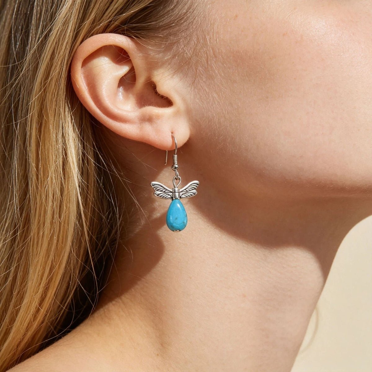 Vintage Winged Faux Turquoise Drop Earrings