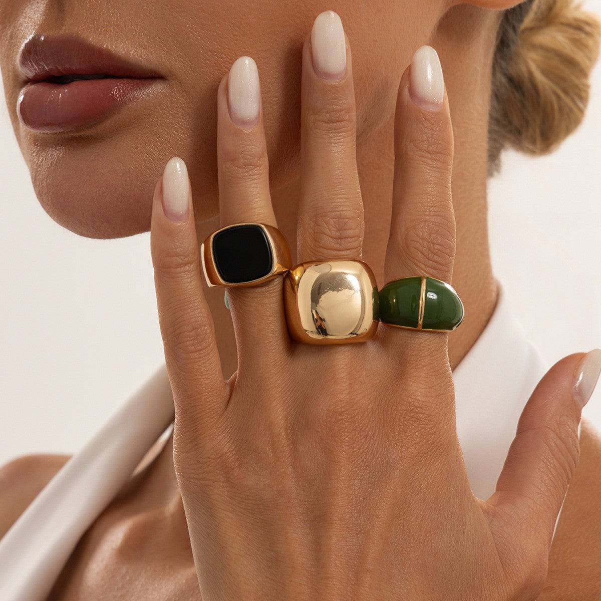 Classy Geometric Enamel Wide Ring Set