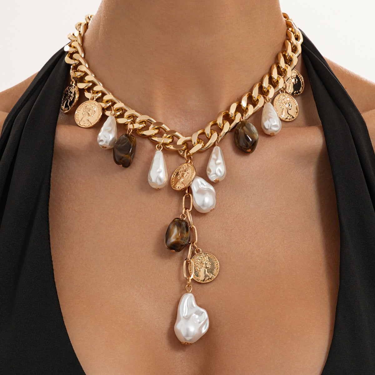 Classy Vintage Coin & Faux Pearl Necklace