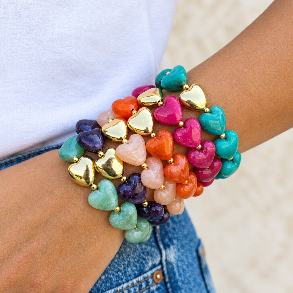 Boho Multicolor Resin Heart Bracelet Stack