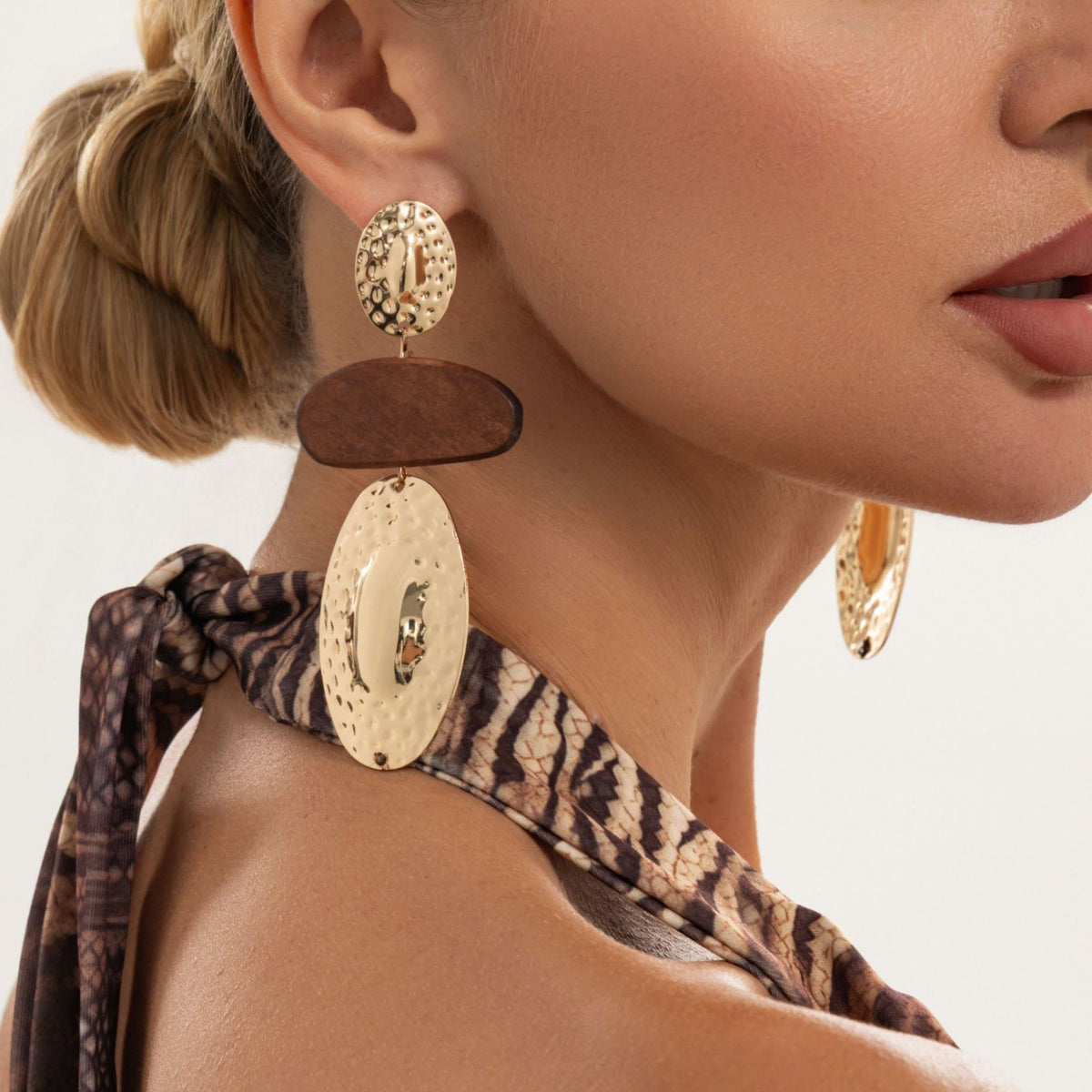 Boho Hammered Wood Oval Drop Earrings