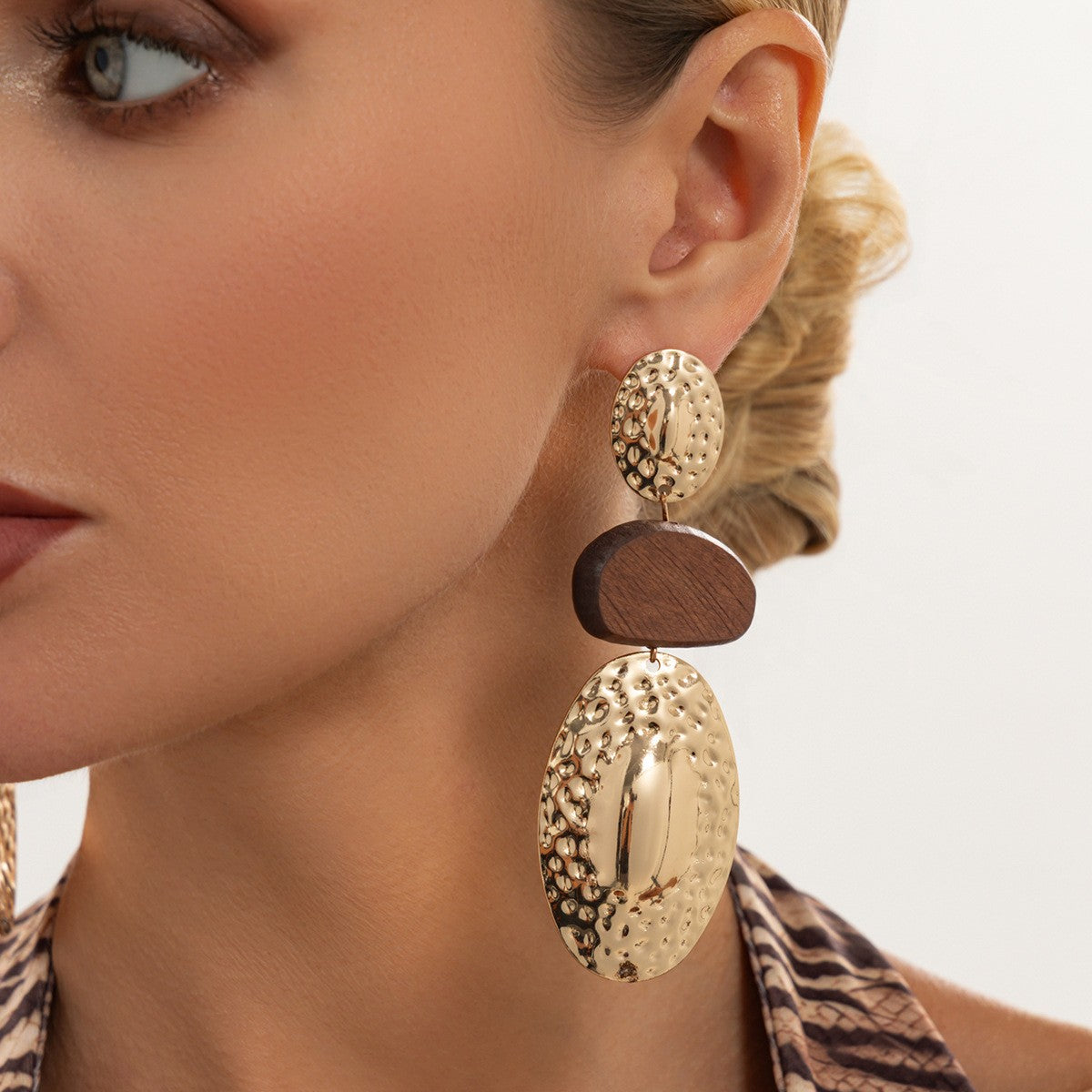 Boho Hammered Wood Oval Drop Earrings