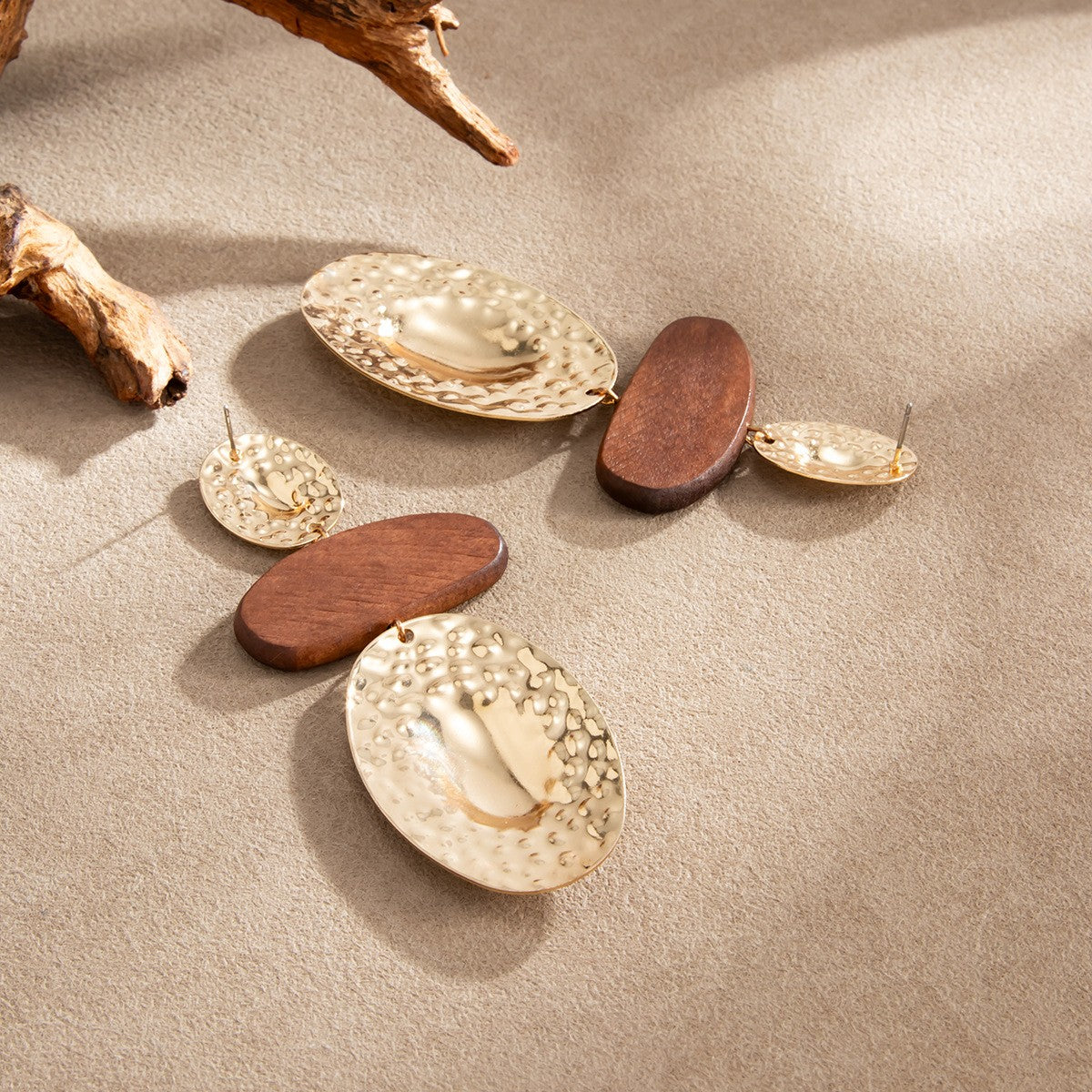 Boho Hammered Wood Oval Drop Earrings