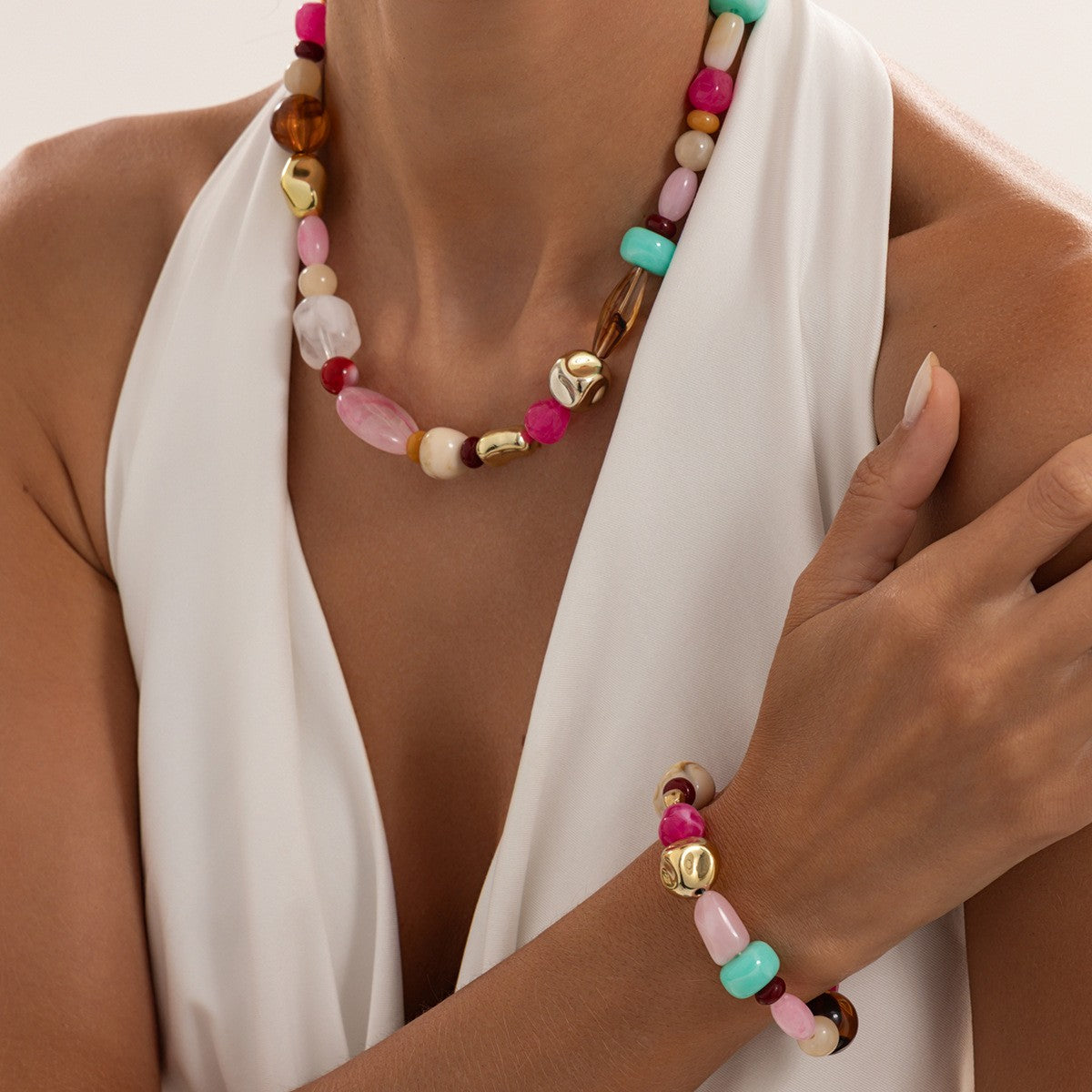 Boho Multicolor Resin Bead Necklace & Bracelet Set