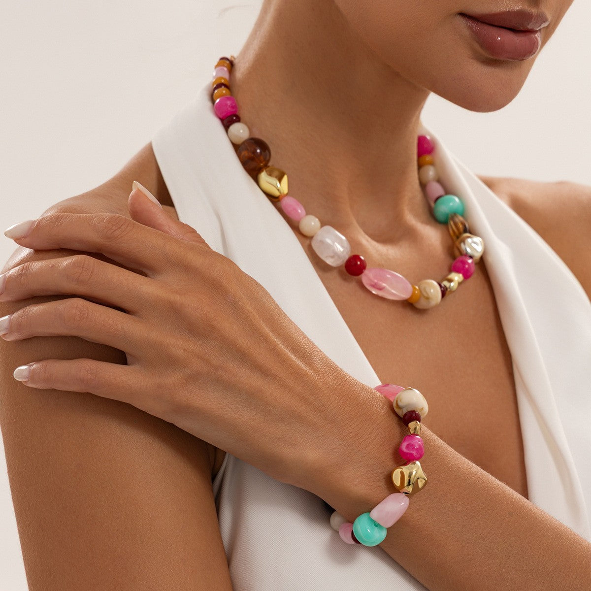 Boho Multicolor Resin Bead Necklace & Bracelet Set