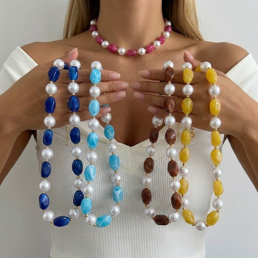 Boho Resin Bead & Faux Pearl Necklace