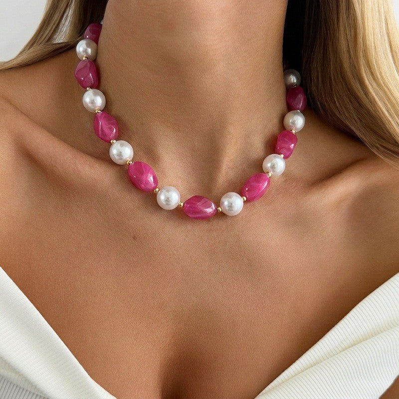 Boho Resin Bead & Faux Pearl Necklace
