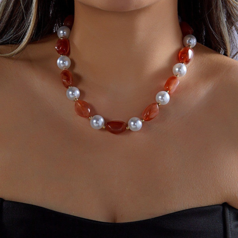 Boho Resin Bead & Faux Pearl Necklace